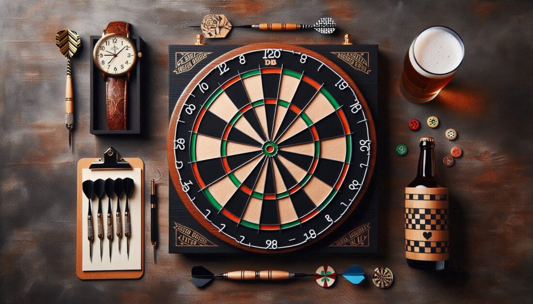 A dartboard surrounded by darts, a wristwatch, a clipboard with darts, bottle caps, a beer bottle, and a glass on a textured surface, suggesting a fun and competitive game night.