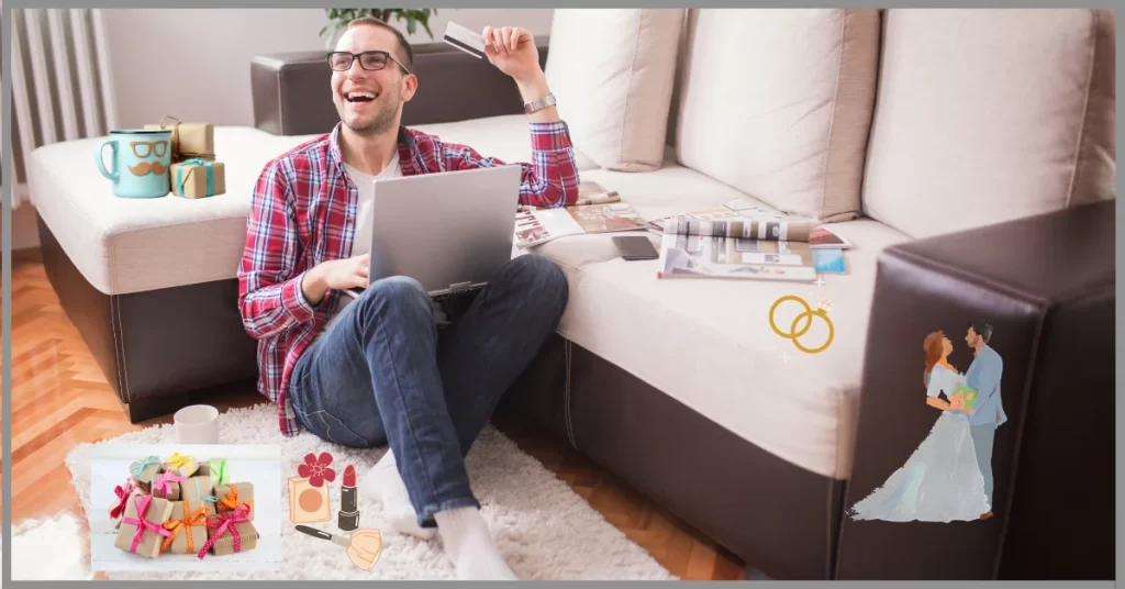 A man happily shopping for wedding gifts on a laptop, surrounded by gifts.