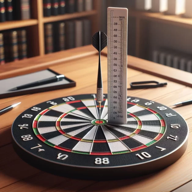 A dartboard with a height measurement line from the floor to the bullseye.