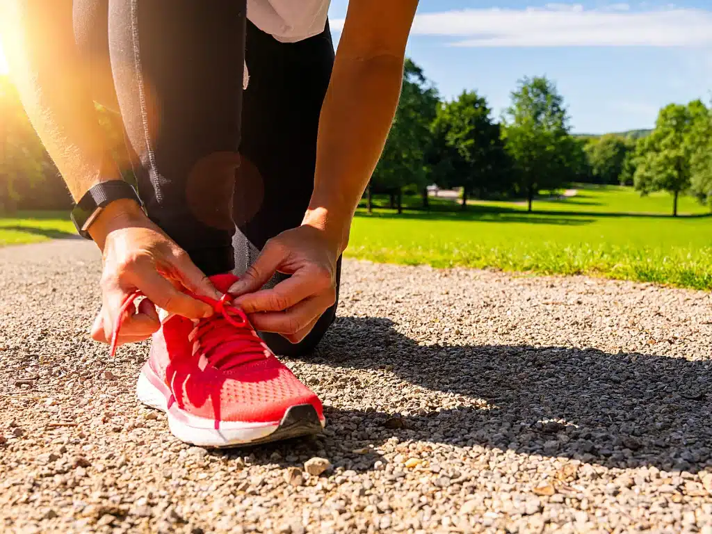 a woman set her shoes during running. (Cheap Running Shoes)