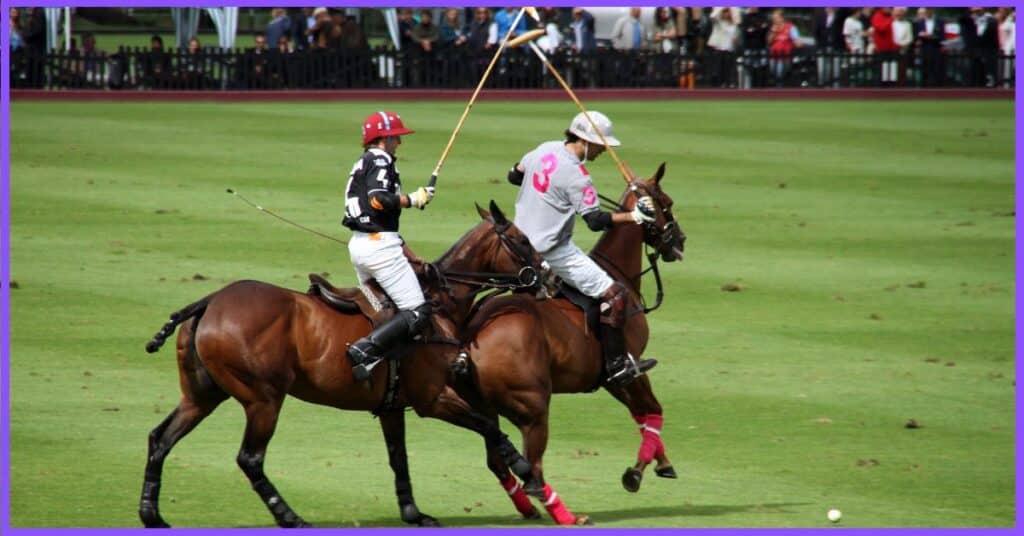 Two wealthy individuals engaged in a spirited polo match in a lush green garden.