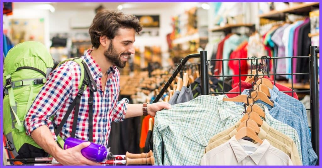 A person with a green backpack and a purple water bottle shops for clothes in a store. (Sports Clothing Malfunction)