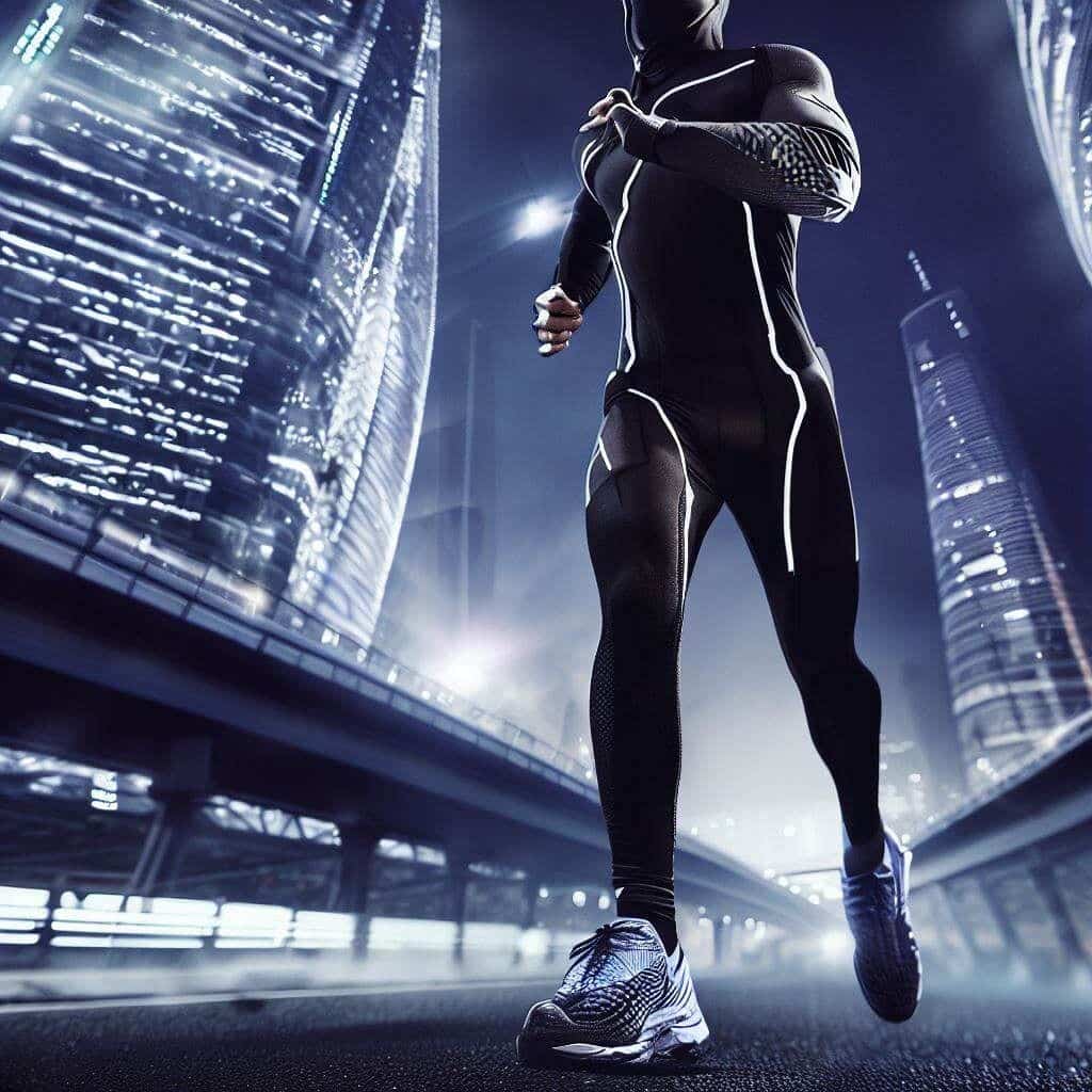 An athletic figure wearing cutting-edge temperature regulating clothing during an intense marathon in a futuristic urban setting