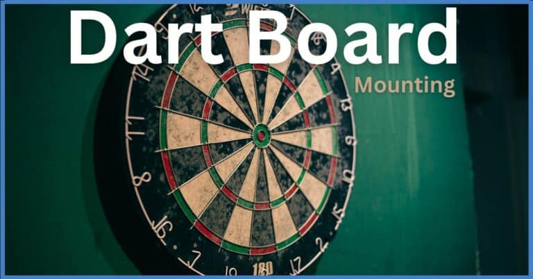 A dart board mounting on a green wall with text info.