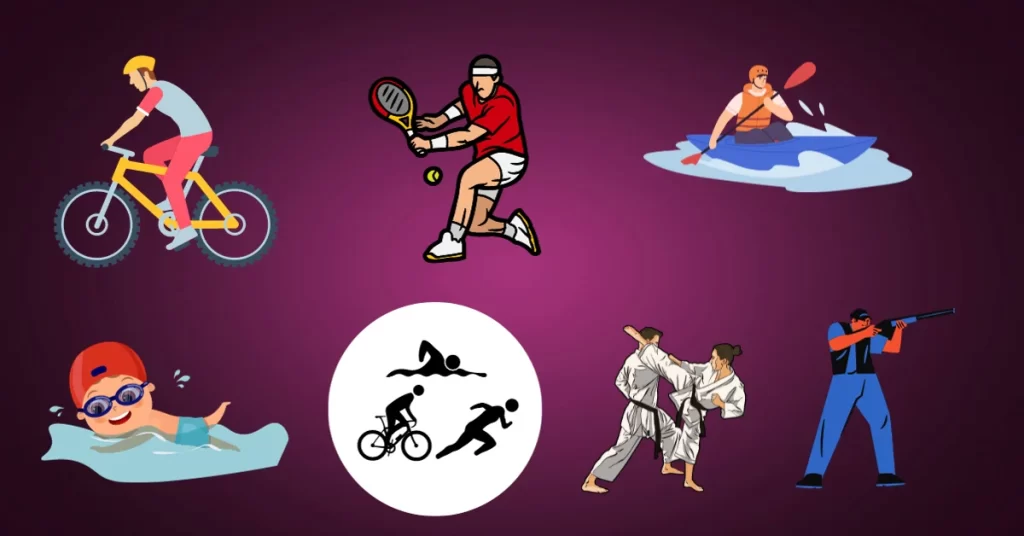 An illustration of various sports activities on a purple background. (Sports You Can Start Late)