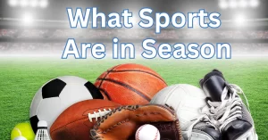 A collage of sports equipment on a grass field with a stadium in the background and the text “What Sports Are in Season”.