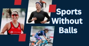 A collage of three images of athletes participating in sports without balls: running, swimming, and cycling.