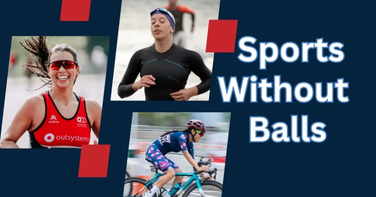 A collage of three images of athletes participating in sports without balls: running, swimming, and cycling.