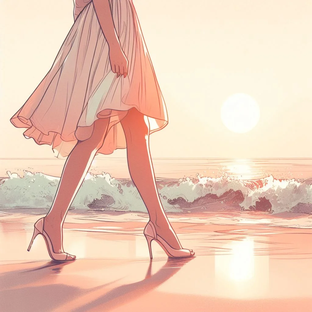 A woman illustration with wearing heels on a beach.