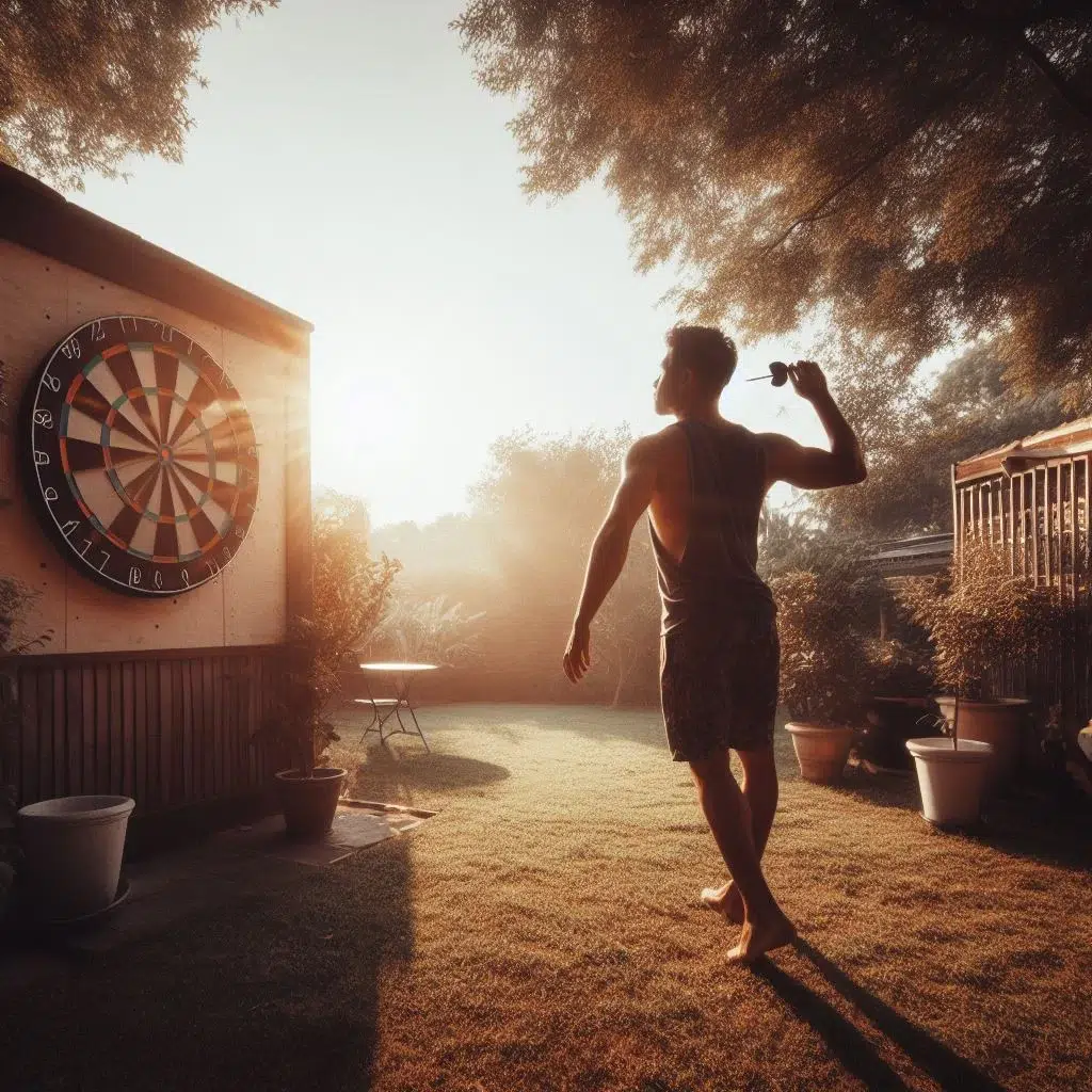 A man playing dart in a garden.