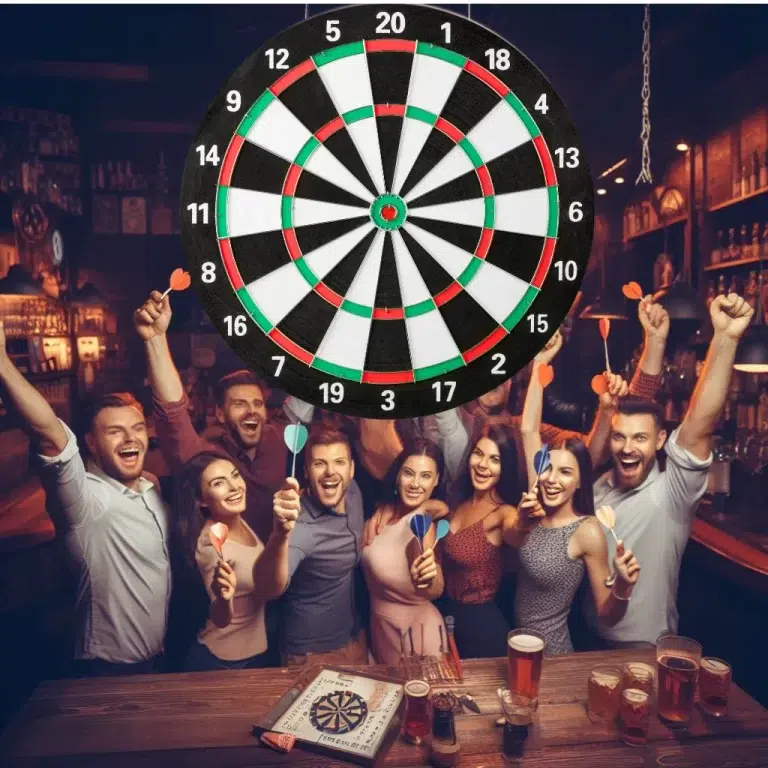 A group of people playing most popular dart games in a gar.