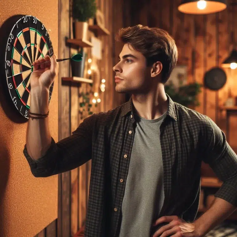 A young man practice the dart throwing.