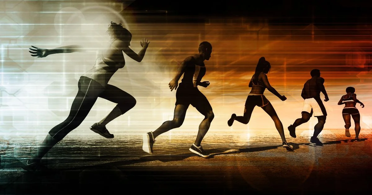  Silhouettes of five athletes in motion against a dynamic, multicolored background, showcasing the energy and movement associated with various sports.