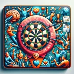 A colorful image with a central dartboard, symbols of mental, physical, social, skill, and emotional benefits, illustrating the advantages of playing darts.