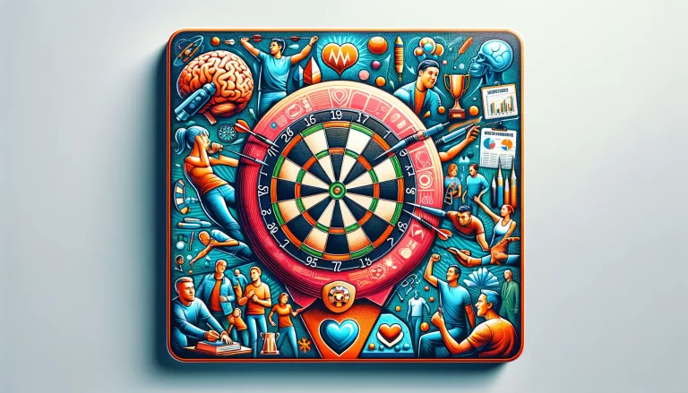 A colorful image with a central dartboard, symbols of mental, physical, social, skill, and emotional benefits, illustrating the advantages of playing darts.