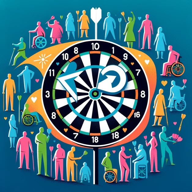 An engaging image highlighting the inclusivity of darts, showing players of various ages and abilities gathered around a dartboard, symbolizing the game's accessibility and the ease with which anyone can learn and enjoy it.