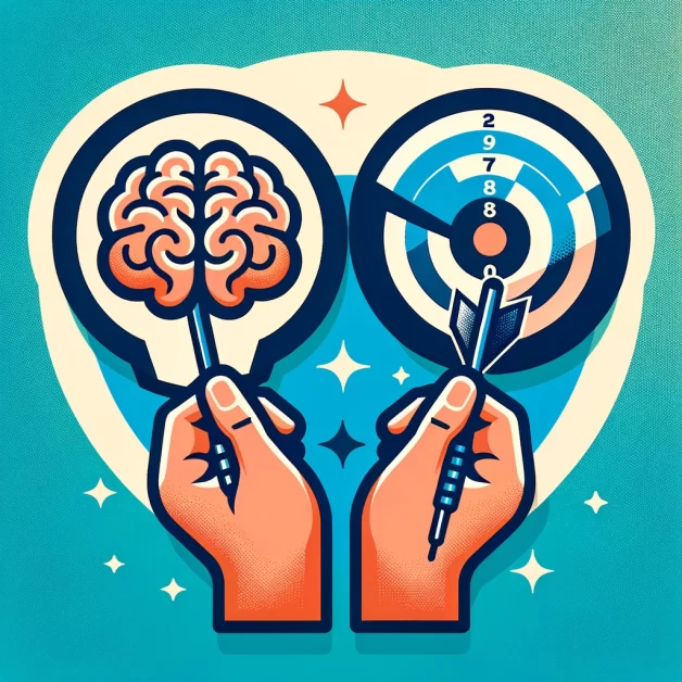 Image with icons of a brain and a target, symbolizing the enhancement of concentration and hand-eye coordination through playing darts, illustrating the mental and physical benefits of the sport.