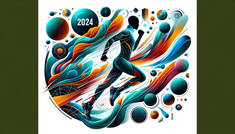 A colorful abstract artwork featuring a dynamic composition of swirling shapes, patterns, and a silhouette of a person in motion, surrounded by spheres labeled “2024”.