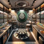 a wide-angle image that brings to life the array of dartboard accessories you described. It captures a game room setting with all the essentials for dart enthusiasts, from a variety of dart flights and shafts to the protective dart mat, stylish cabinets and surrounds, effective lighting solutions, and a handy dart point sharpener.