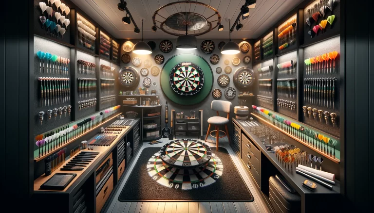 a wide-angle image that brings to life the array of dartboard accessories you described. It captures a game room setting with all the essentials for dart enthusiasts, from a variety of dart flights and shafts to the protective dart mat, stylish cabinets and surrounds, effective lighting solutions, and a handy dart point sharpener.