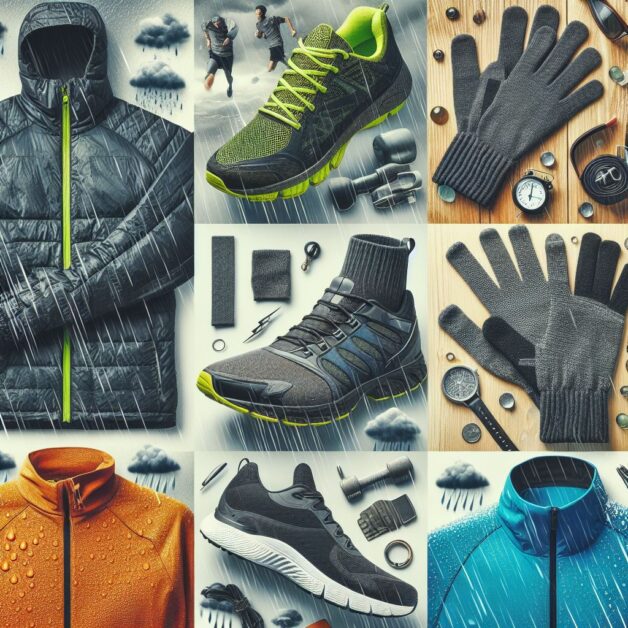 a collage featuring various weatherproof running gear items such as jackets, gloves, and shoes. Show how runners can stay comfortable in different conditions.