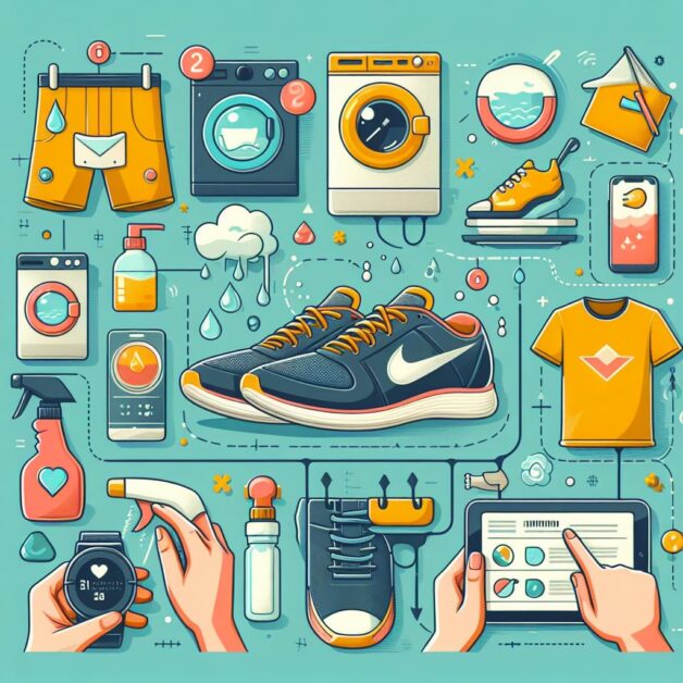 a step-by-step visual guide on how to care for running gear, including cleaning shoes, washing clothing, and maintaining electronic gadgets.