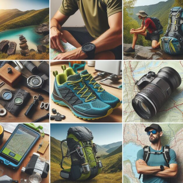 Showcase essential gear for trail runners in a collage format. Highlight items such as trail running shoes, hydration packs, and trail maps for adventurous readers.