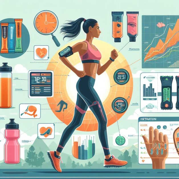 a visual guide illustrating the best nutrition and hydration options for runners during long-distance runs. Include images of energy gels, hydration belts, and water bottles.