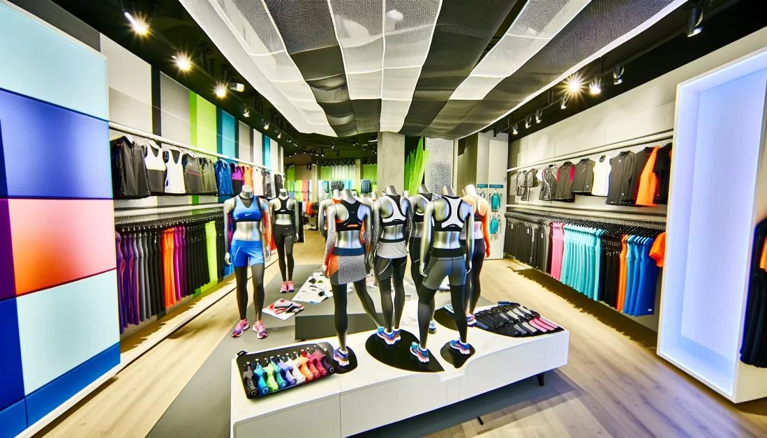 The image captures the vibrancy and diversity of athletic wear in a modern showroom setting, highlighting different materials, colors, and functional design elements.