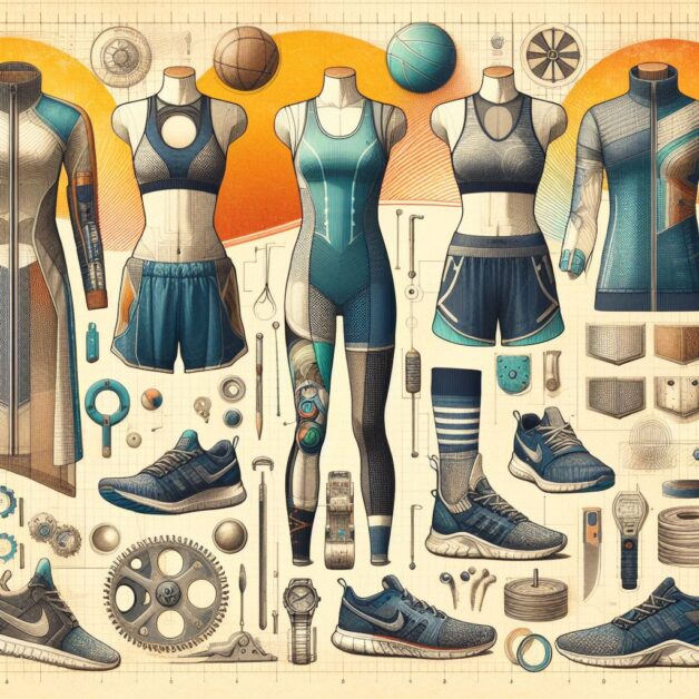 Design Evolution in Sports Wear, showcasing the transition from early 20th-century sports attire to modern activewear, with a focus on materials, cuts, and functionalities, Illustration, mixed media collage