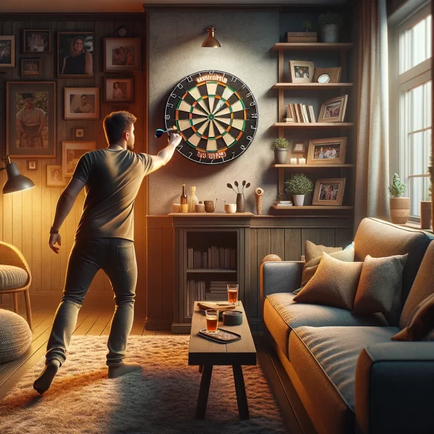 a man playing Bristle Dart Boards in a cozy home room