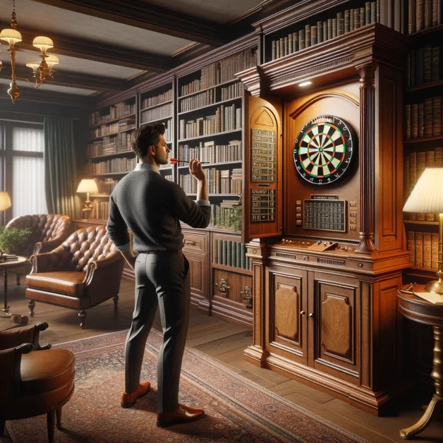 a man playing darts in an elegant home library with a wooden cabinet-style dartboard.