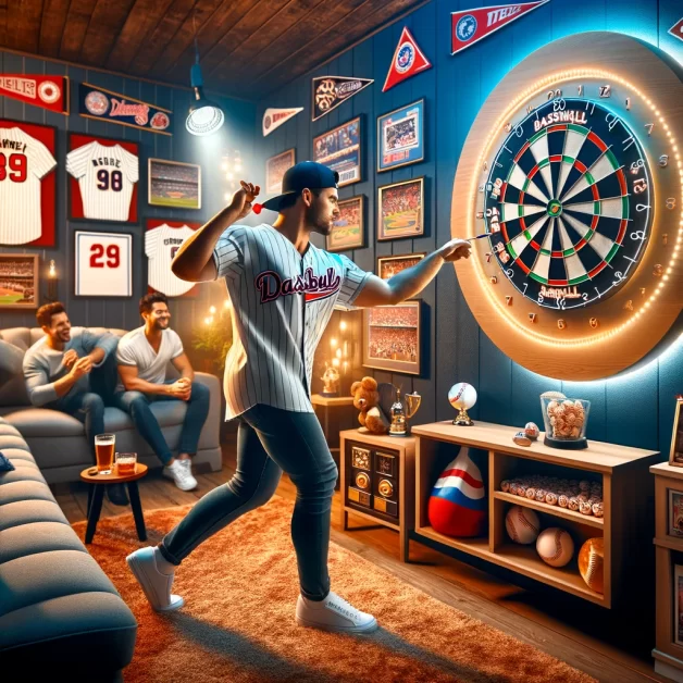 a man playing with a baseball-themed Coiled Paper Dart Boards in a home game room decorated with baseball memorabilia. 