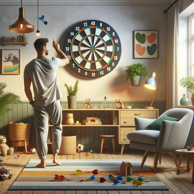  a man playing with a magnetic dartboard in a home room. Enjoy the playful and casual atmosphere!