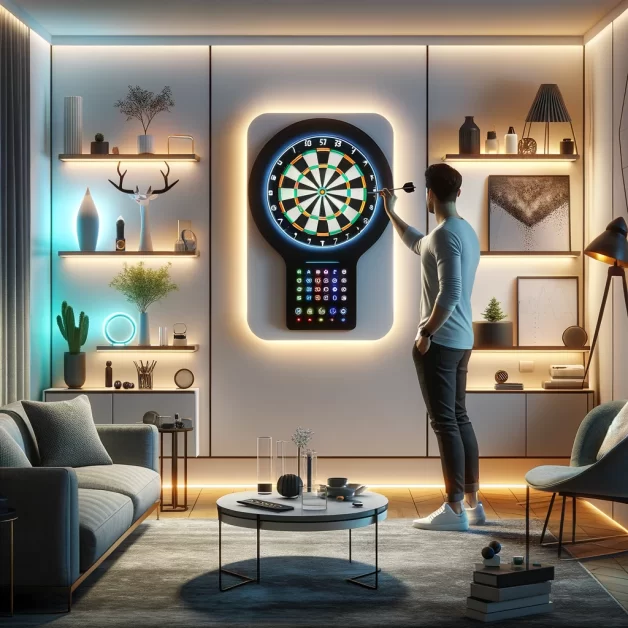 a man playing with an electronic dartboard in a modern home room.