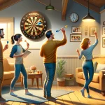 three friends enjoying a game of magnetic darts in the hall of a home is ready above. It captures a cozy and lively atmosphere, filled with the spirit of friendly competition and camaraderie.