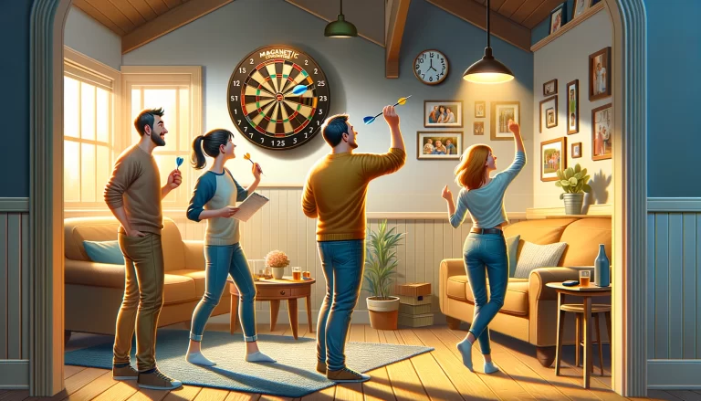 three friends enjoying a game of magnetic darts in the hall of a home is ready above. It captures a cozy and lively atmosphere, filled with the spirit of friendly competition and camaraderie.