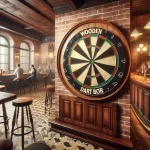 Wide-angle view of a wooden dartboard in a classic pub setting with the text "Wooden Dart Boards" displayed prominently.