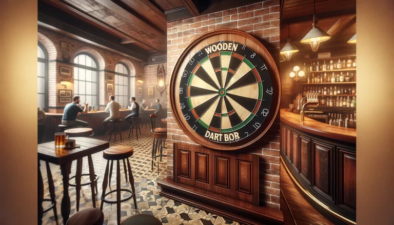 Wide-angle view of a wooden dartboard in a classic pub setting with the text "Wooden Dart Boards" displayed prominently.