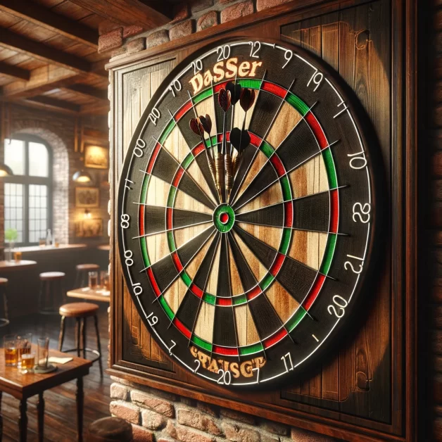 Image of an antique-style wooden dartboard in a cozy pub atmosphere.