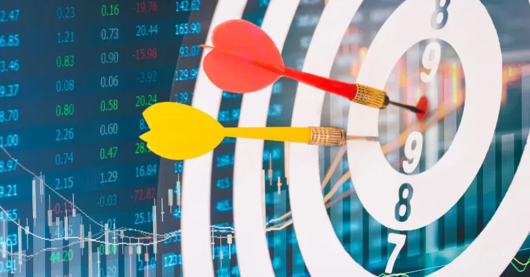 Two darts hitting a target, overlaying a background of stock market data.