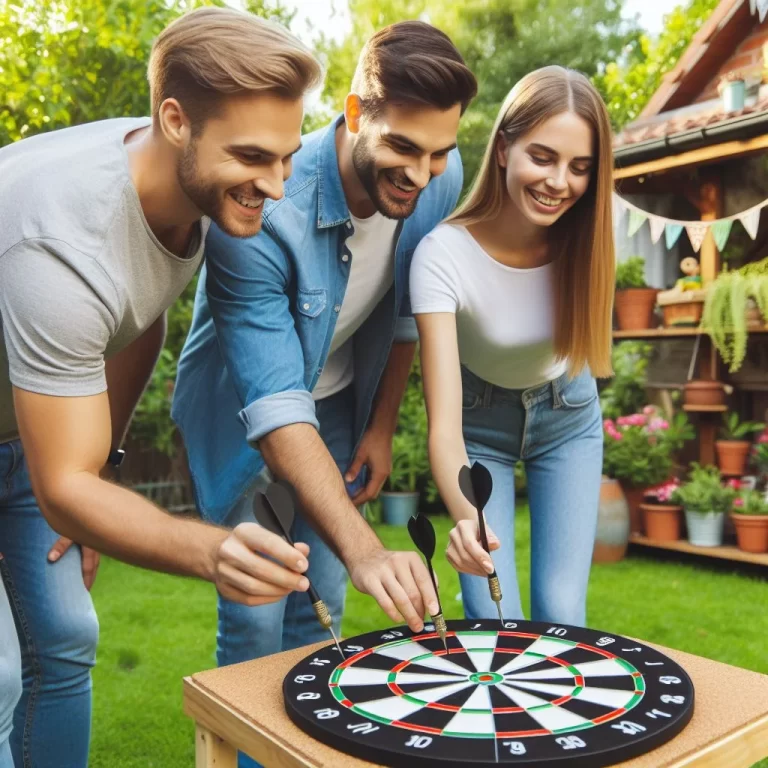 Three people are engaged in a game of darts in an outdoor setting, each holding a dart aimed at the dartboard.