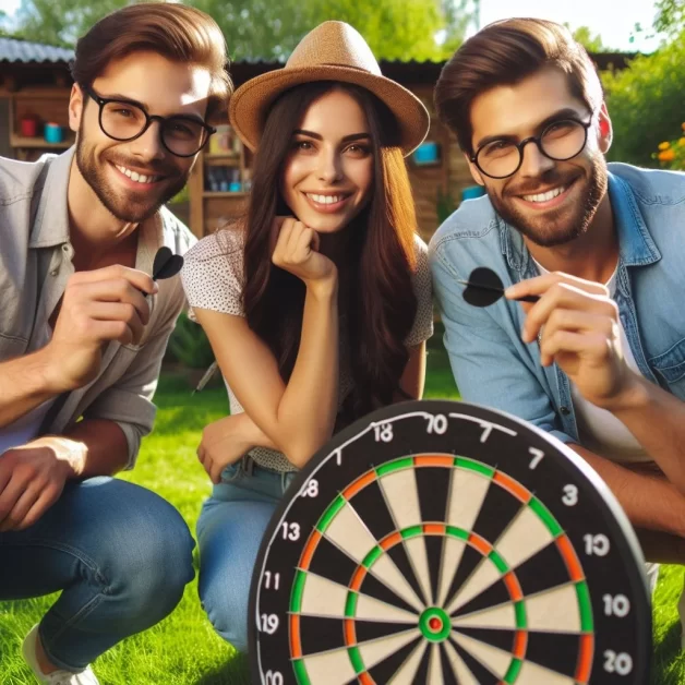 Three friends playing dart board game in her lawn garden
