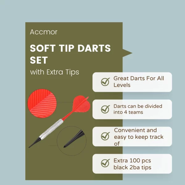 Accmor Soft Tip Darts Set with Extra Tips with info text.